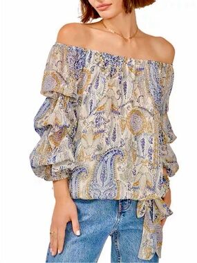 NWT Vince Camuto Paisley-Print Bubble 3/4-Sleeve Tie-Front Blouse - Size XS